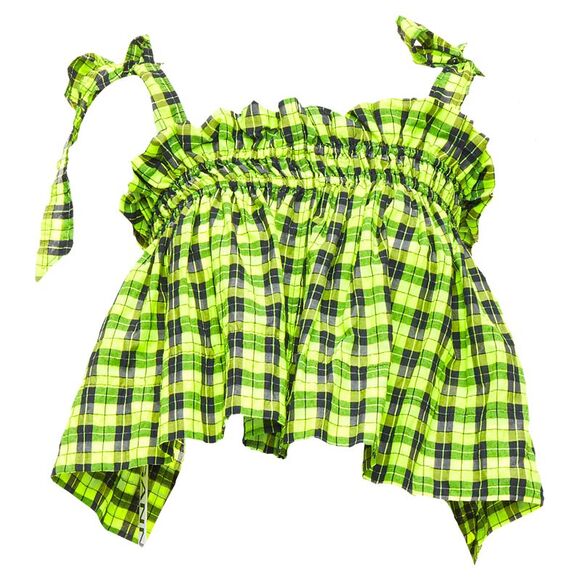 Ganni Checked Seersucker Ruffle Tie Shoulder Crop Top